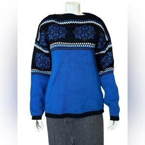 Vintage Norvyk by Ren Dale Pure Wool Blue, Black Nordic Snowflake Sweater Size M